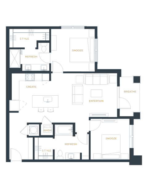 Floor plan for 2 beds, 2 baths, 1058 sqft